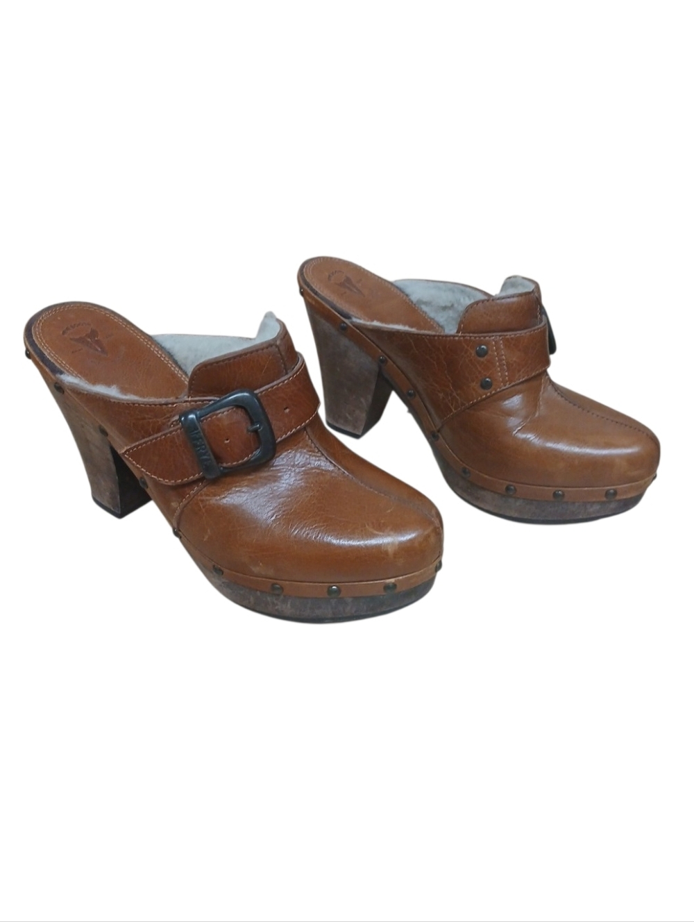 Frye Brown Leather Buckle Clog Heels Size 7.5 B